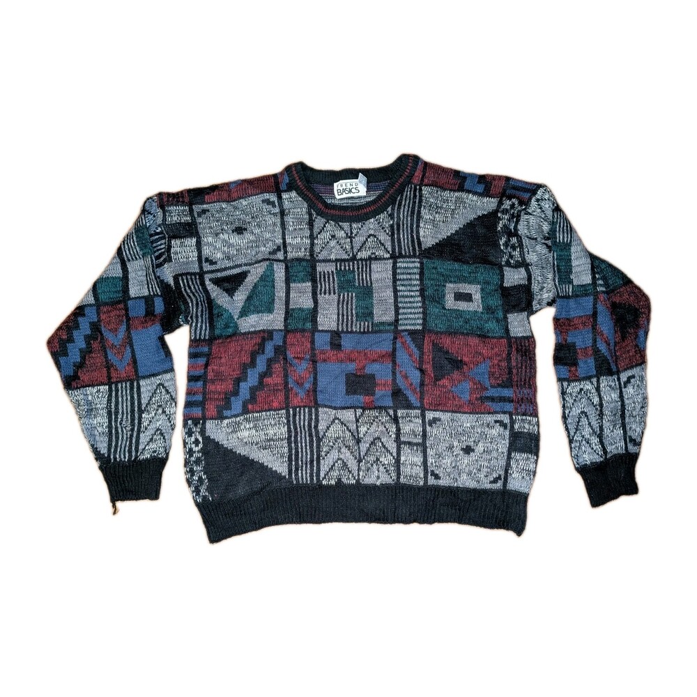 VTG 90s Sweater Trend Basics Mens XXL Multi Geometric Abstract Knit Distressed